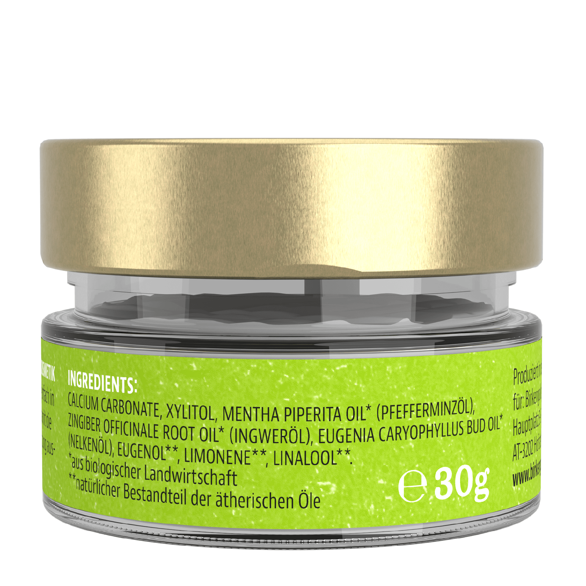 Glasgefäß mit goldfarbenem Deckel, zeigt Zutaten wie Pfefferminz- und Ingweröl, 30g. Bio-zertifiziertes Produkt.
