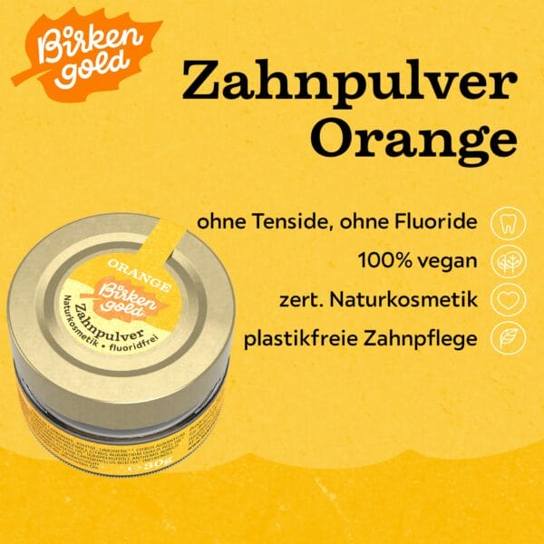 Plastikfreies, veganes Zahnpulver Orange von Birkengold, ohne Tenside und Fluoride, zertifizierte Naturkosmetik.