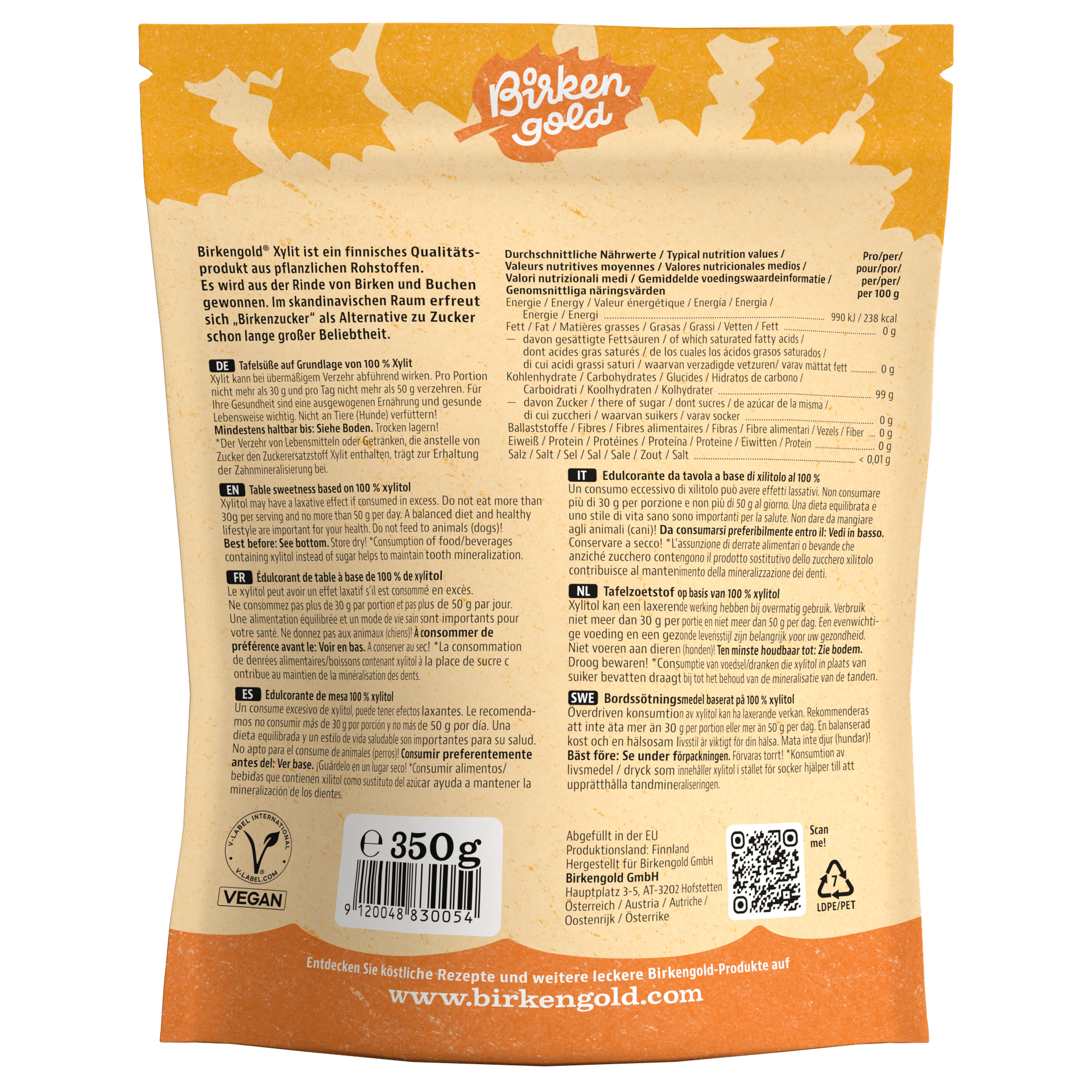 Birkenzucker Verpackung Rückseite mit Informationen zu Nährwerten, veganem Siegel und QR-Code, BirkenGold-Logo oben.