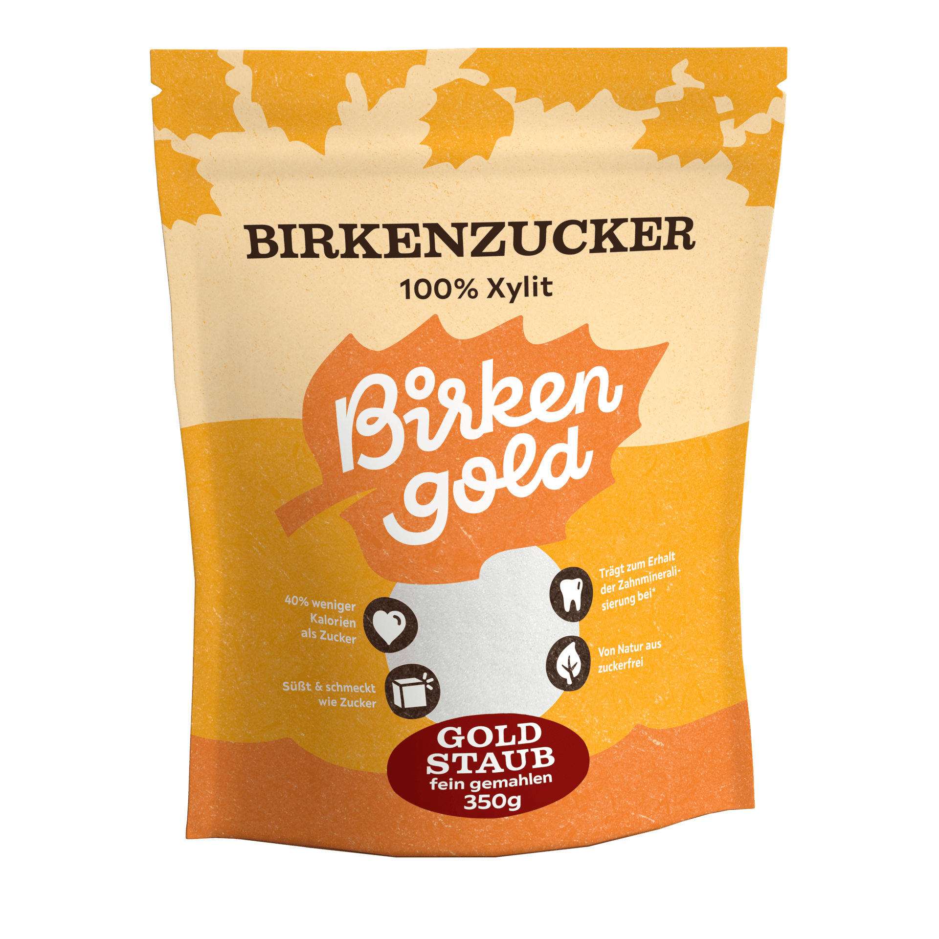 Verpackung von Birkenzucker Birken Gold, 100% Xylit, 350g, Goldstaub, kalorienarm, zahnfreundlich.