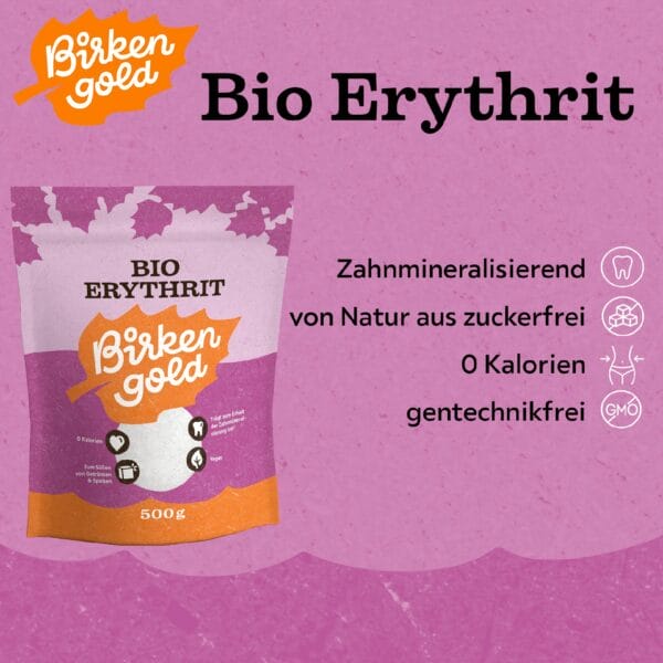 Bio-Erythrit von Birkengold: Zuckerfrei, genfrei, 0 Kalorien, zahnmineralisierend. Perfekt zum Backen und Süßen.