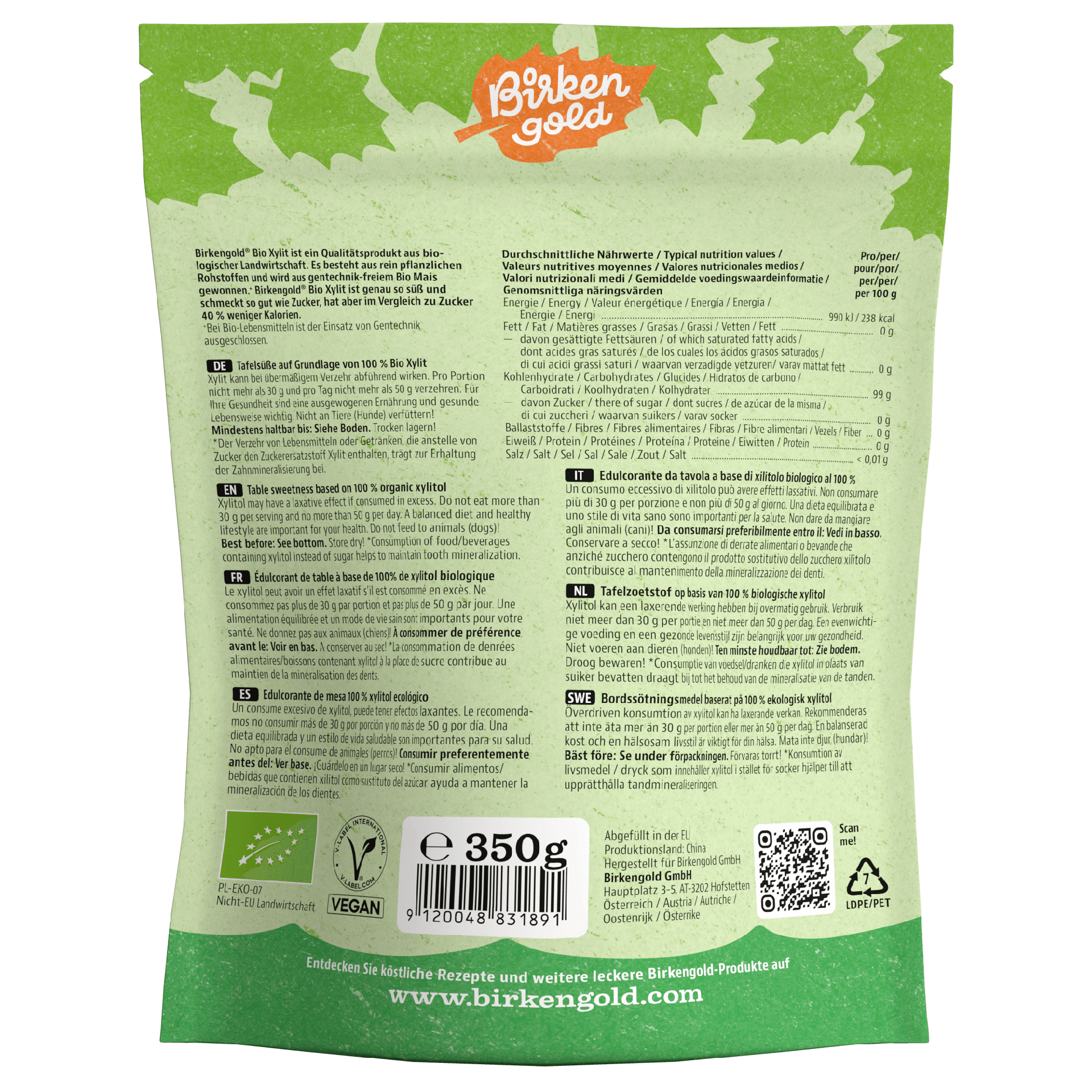 Rückseite der Birkenzucker-Verpackung von Birkengold, 350g, mit Nährwertangaben und Informationen auf mehreren Sprachen.