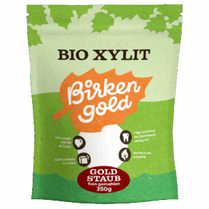 Verpackung von Birken-Gold Bio Xylit Goldstaub, 350g, fein gemahlen, zuckerfrei, weniger Kalorien als Zucker.