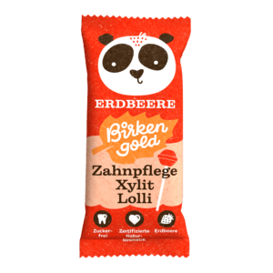Zuckerfreier Erdbeer-Xylit-Lutscher von Birkengold, Zahnpflege mit Panda-Design, zertifizierte Naturkosmetik.