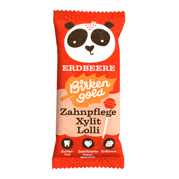 Zuckerfreier Erdbeer-Xylit-Lutscher von Birkengold, Zahnpflege mit Panda-Design, zertifizierte Naturkosmetik.