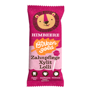 Verpackung des zuckerfreien Birken Gold Zahnpflege Xylit Lolli mit Himbeergeschmack, zertifiziert naturkosmetisch.