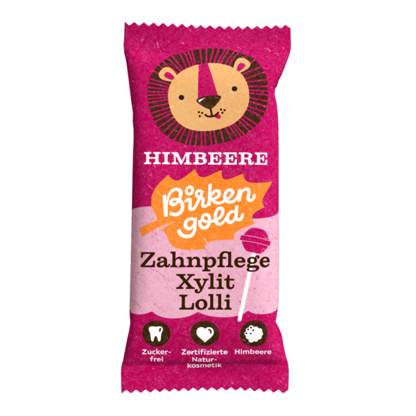 Verpackung des zuckerfreien Birken Gold Zahnpflege Xylit Lolli mit Himbeergeschmack, zertifiziert naturkosmetisch.