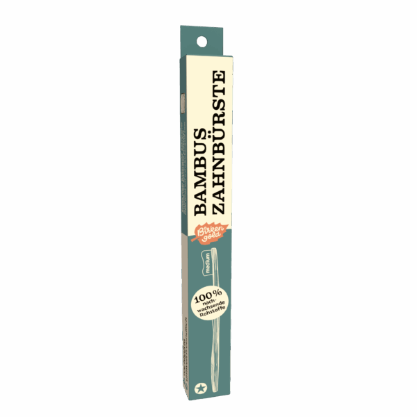Bambus-Zahnbürste von Birken Gold, umweltfreundlich, 100% nachwachsende Rohstoffe, Verpackung in Grün und Weiß.