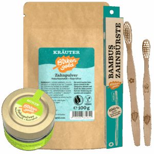 Natürliche Zahnpflege: Birken Gold Zahnpulver und Bambuszahnbürsten aus nachhaltigen Rohstoffen, fluoridfrei.
