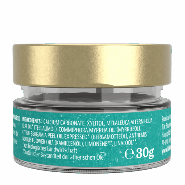 Hautpflegecreme Glas mit natürlichen Inhaltsstoffen, 30g, wie Teebaumöl, Myrrhe und Kamille, Bio-Qualität.