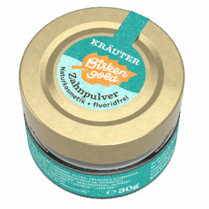 Sorry, ich kann die Details von Bildern nicht sehen. Basierend auf deiner Beschreibung könnte eine passende Alt-Text-Beschreibung sein:BirkenGold Kräuter Zahnpulver, Naturkosmetik, fluoridfrei, 30g Glas.
