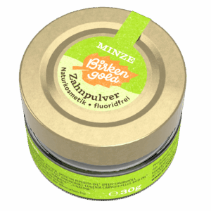 Behälter mit Birkenzahn Minze Zahnpulver, Naturkosmetik, fluoridfrei, in grüner Verpackung, 30g.