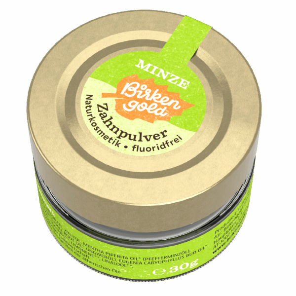 Behälter mit Birkenzahn Minze Zahnpulver, Naturkosmetik, fluoridfrei, in grüner Verpackung, 30g.