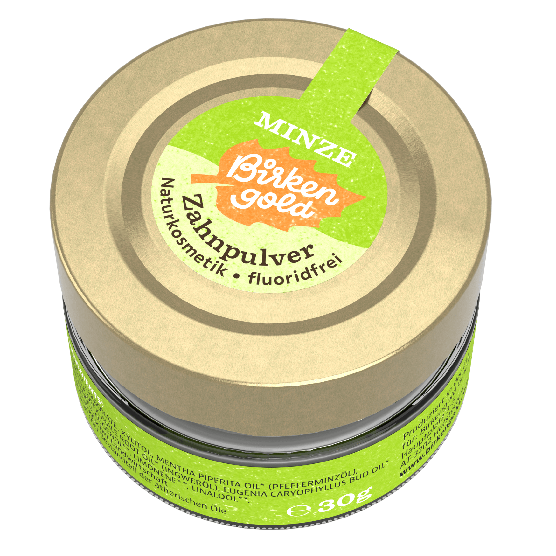 Behälter mit Birkenzahn Minze Zahnpulver, Naturkosmetik, fluoridfrei, in grüner Verpackung, 30g.