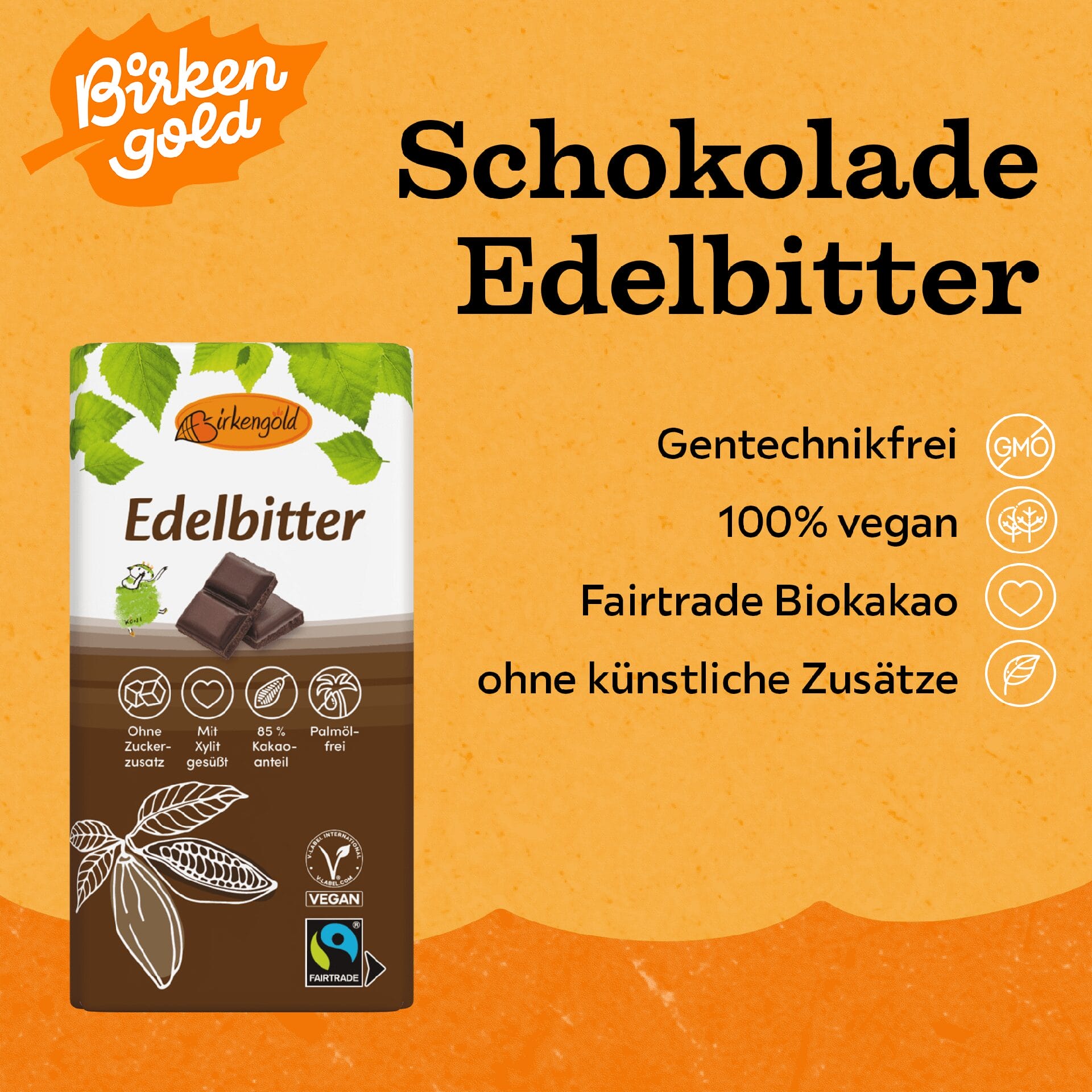 Schokolade Edelbitter 100 g fairtrade, ohne Zuckerzusatz – Bild 2