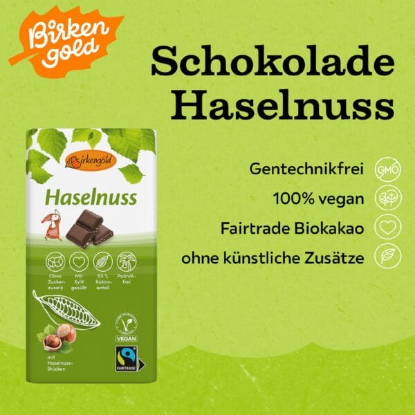 Schokolade Haselnuss 100 g fairtrade, ohne Zuckerzusatz – Bild 2