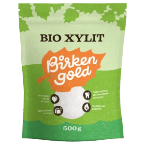 Verpackung von Birkenzucker Birken Gold Bio Xylit, 500g, zahnfreundlich und kalorienarm, 40% weniger Kalorien.