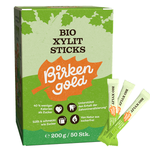 Bio Xylit Sticks von Birkengold, 200g Packung, zuckerfreie Süße, unterstützt Zahngesundheit.