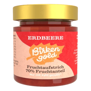 Erdbeer Fruchtaufstrich BirkenGold, 70% Frucht, mit Xylit gesüßt, im Glas mit goldfarbenem Deckel.