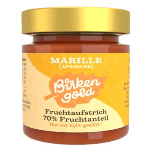 Glas Birken-Gold Marille Fruchtaufstrich mit 70% Fruchtanteil, gesüßt mit Xylit. Aprikose Geschmack, goldener Deckel.