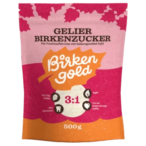 Verpackung Birkenzucker Birken Gold Gelierzucker, vegan, ohne Zuckerzusatz, für Fruchtaufstriche, 500g Packung.