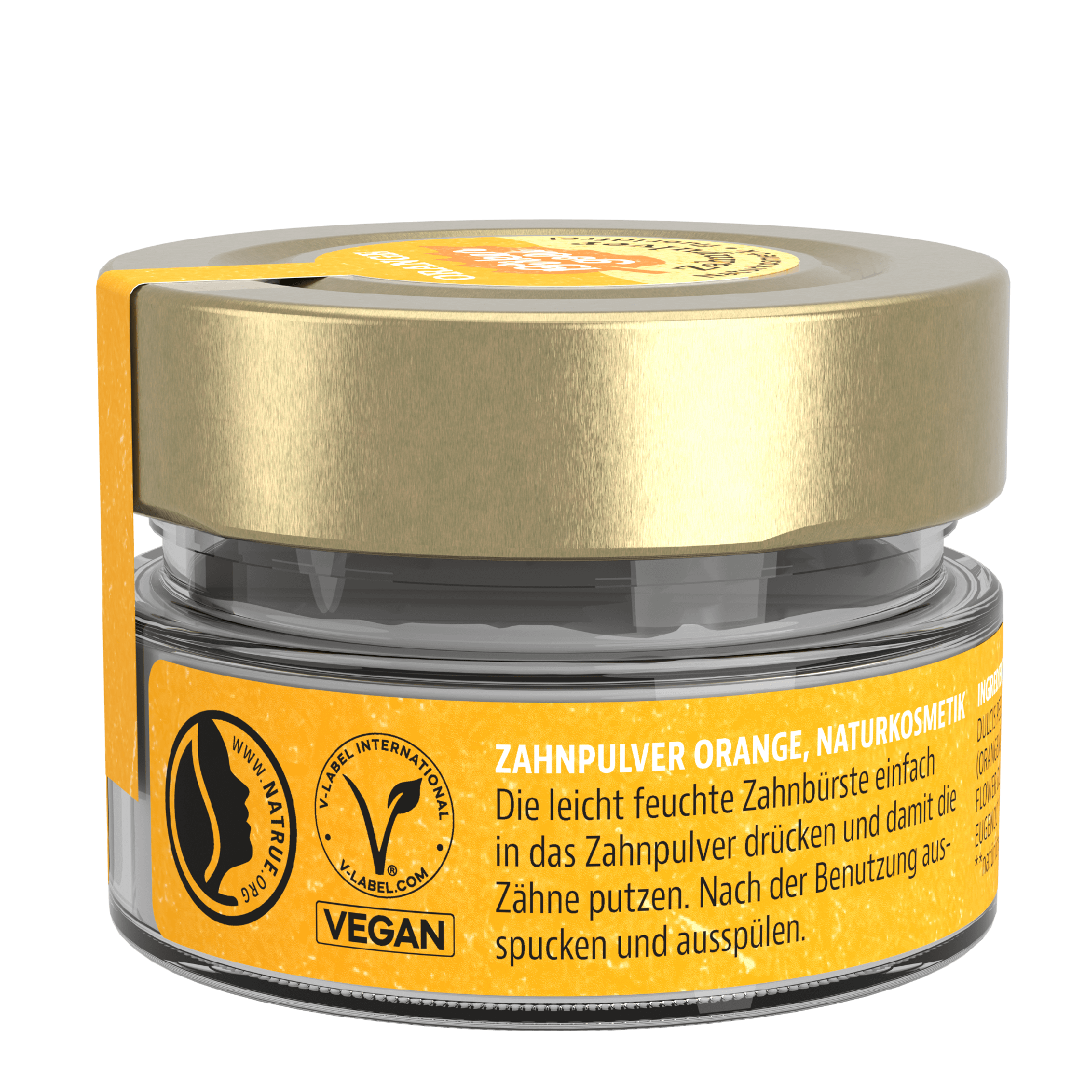 Vegan Zahnputzpulver Orange in Glasbehälter, Naturkosmetik, NATRUE-zertifiziert, umweltfreundlich und nachhaltig.