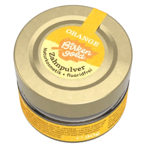 Birkengold Orangen Zahnputzpulver, Naturkosmetik, fluoridfrei, 30g Dose. Perfekt für natürliches Zahnweiß.