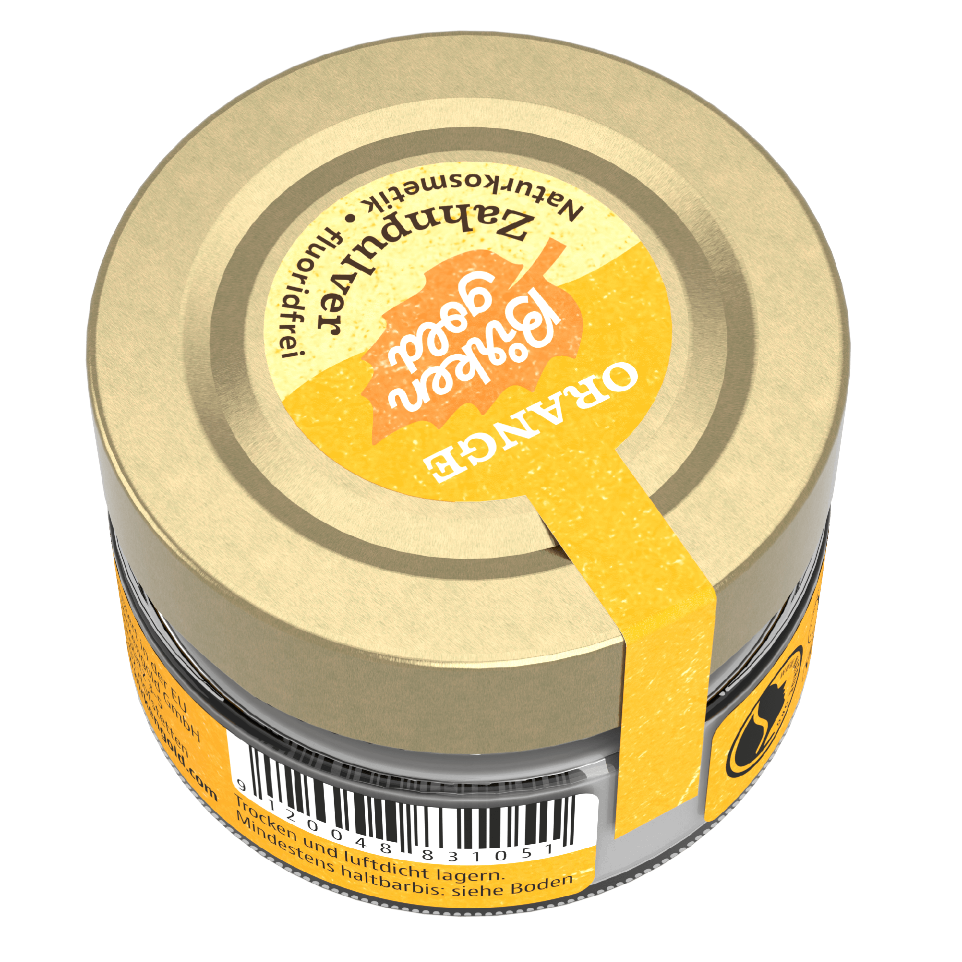 Natürliche Zahncreme mit Orangengeschmack in Glastiegel, fluoridfrei, von Jaghery Gold. Nachhaltige Verpackung.