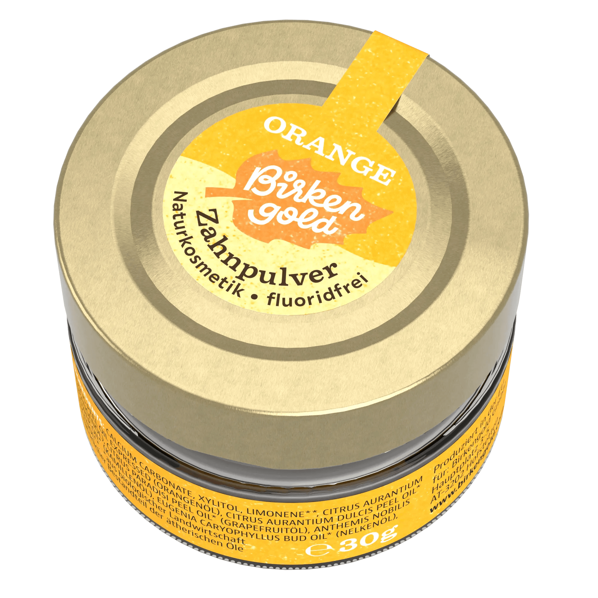 Birkengold Orangen Zahnputzpulver, Naturkosmetik, fluoridfrei, 30g Dose. Perfekt für natürliches Zahnweiß.
