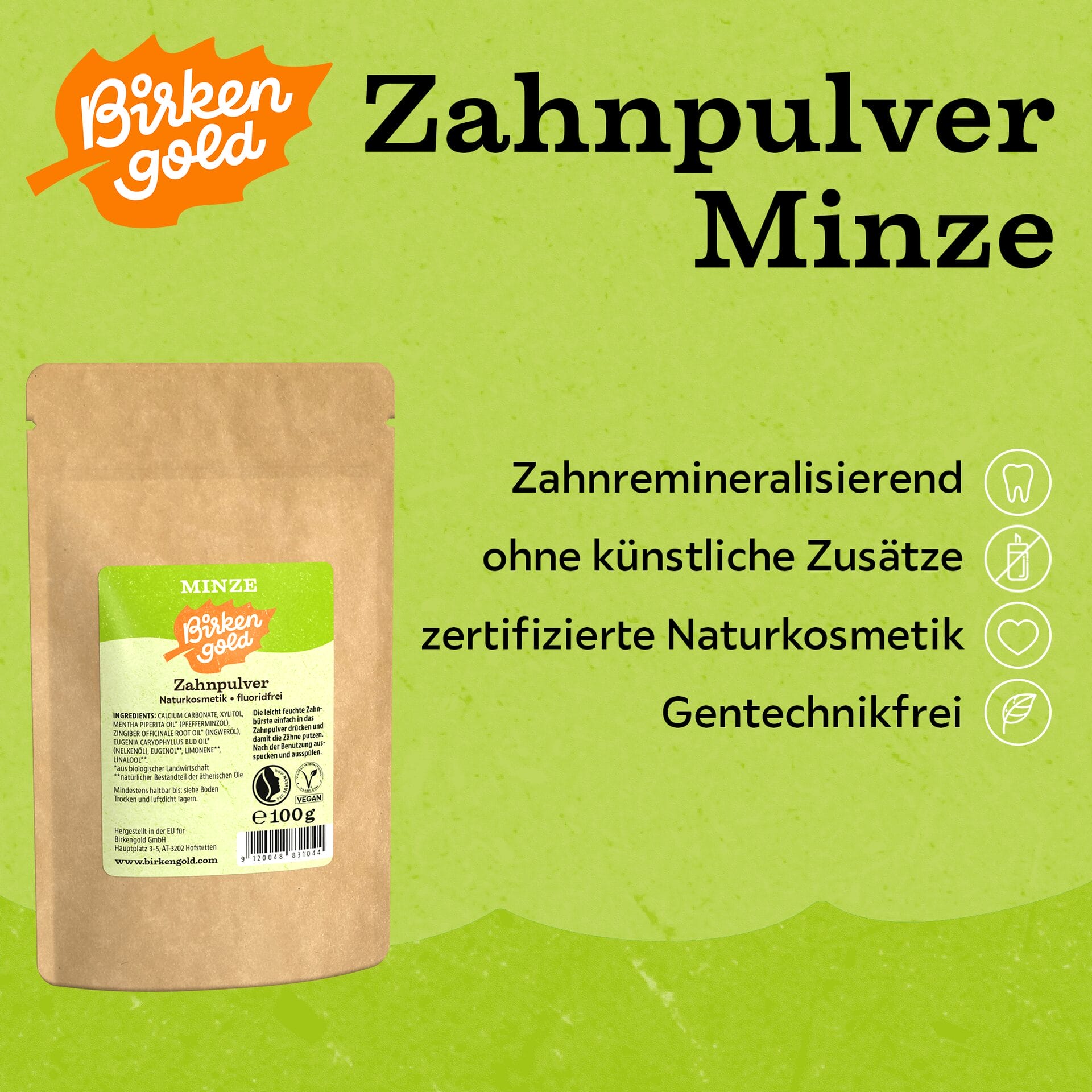 BirkenGold Zahnpulver Minze: Natürliche Zahnpflege, zertifiziert, ohne künstliche Zusätze, gentechnikfrei.