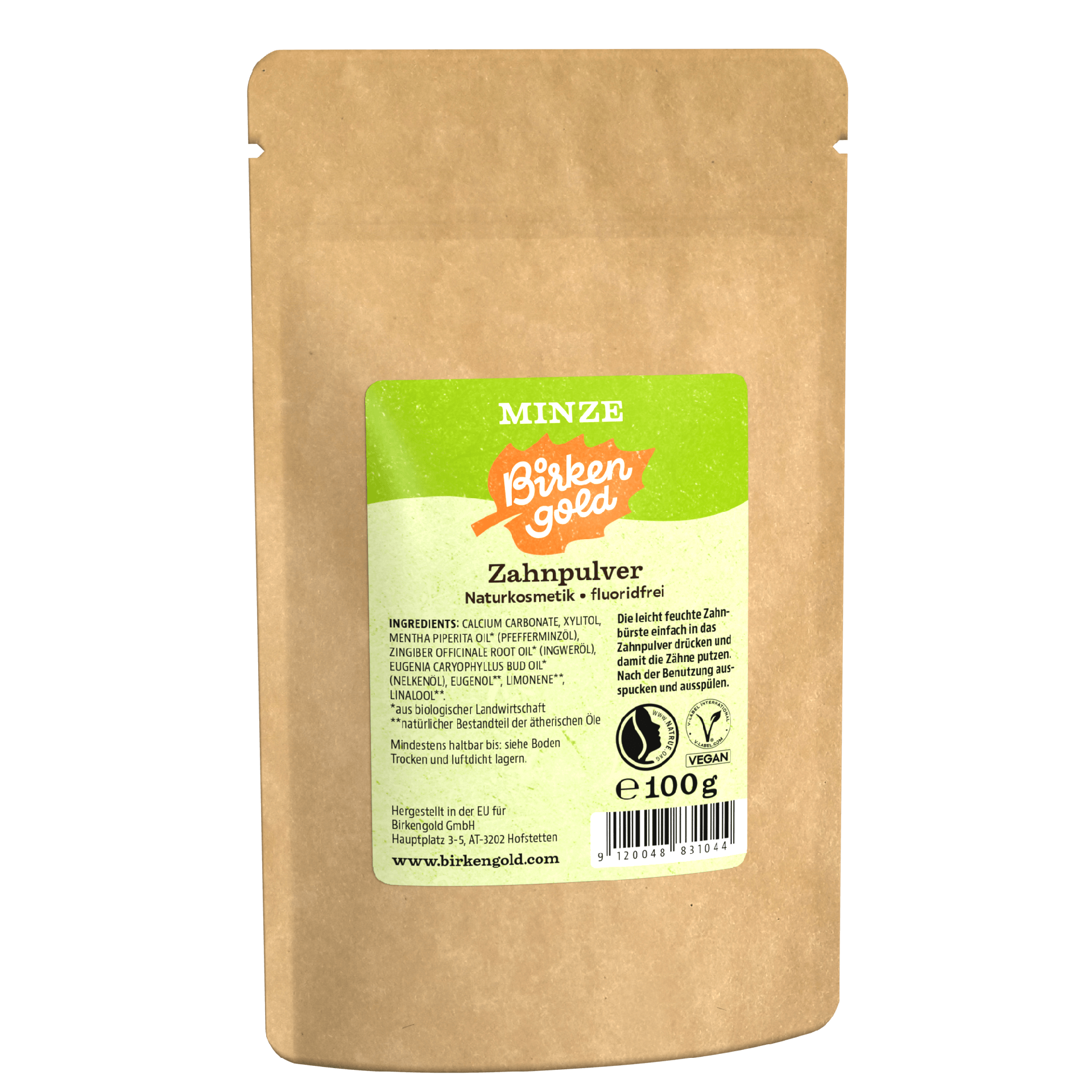Birkenzahn Minze Zahnpulver, Naturkosmetik, fluoridfrei, 100g Beutel. Vegane Pflege für frischen Atem.