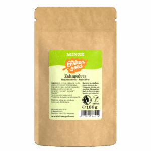 Verpackung von Birken Gold Zahnpulver mit Minzgeschmack, naturkosmetisch, fluoridfrei, 100g. Vegan und bio.