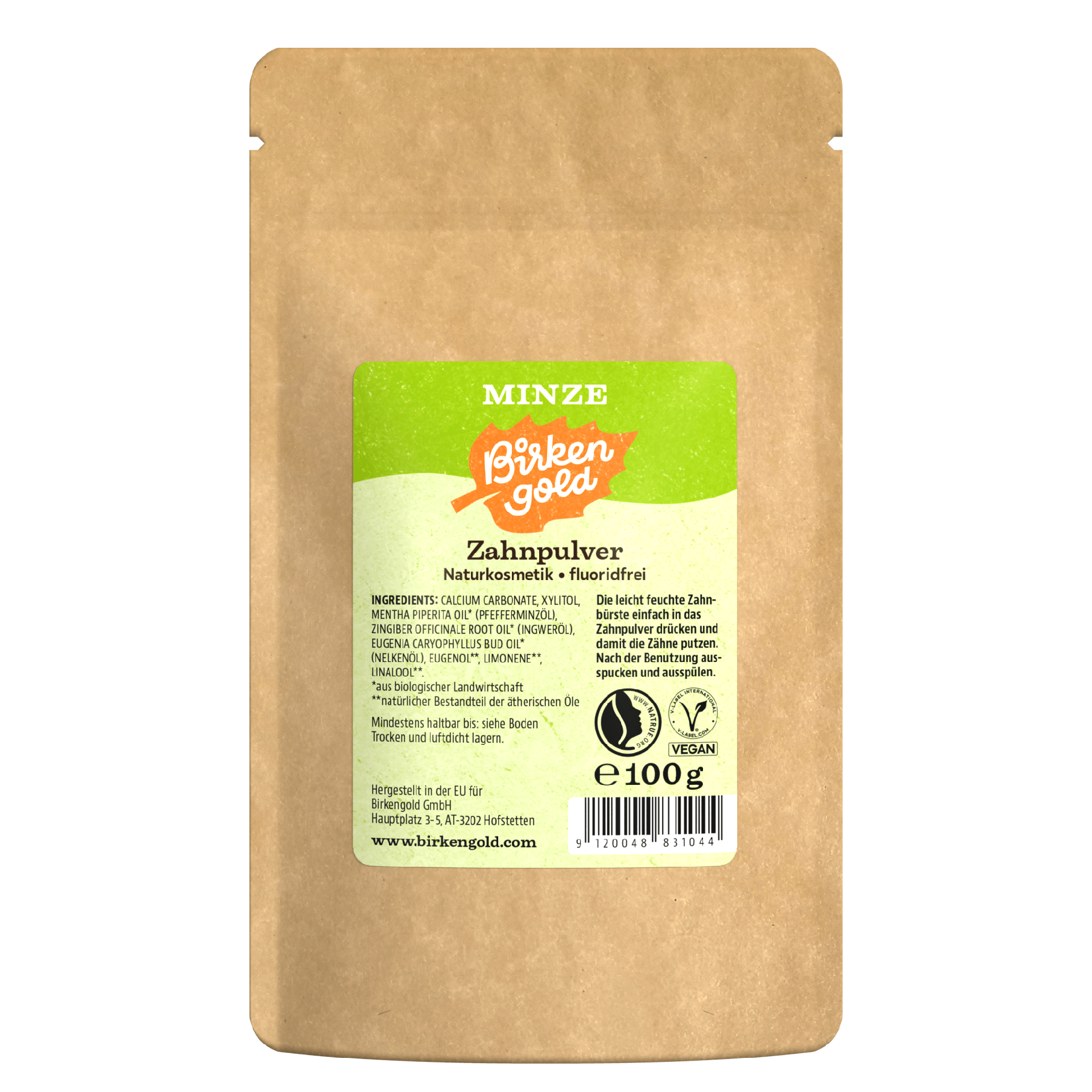 Verpackung von Birken Gold Zahnpulver mit Minzgeschmack, naturkosmetisch, fluoridfrei, 100g. Vegan und bio.