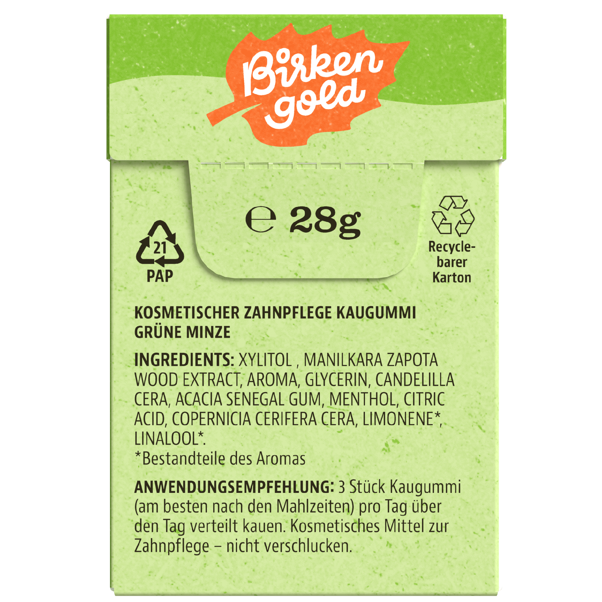 Birken Gold Grüner Minze Kaugummi, 28g Packung, zahnfreundlich, Inhaltsstoffe Xylit, recycelbarer Karton.