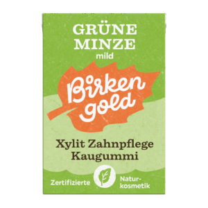 Birkenland Grüner Minze Xylit Zahnpflege Kaugummi, naturkosmetische Verpackung mit Blattform, zertifiziert.