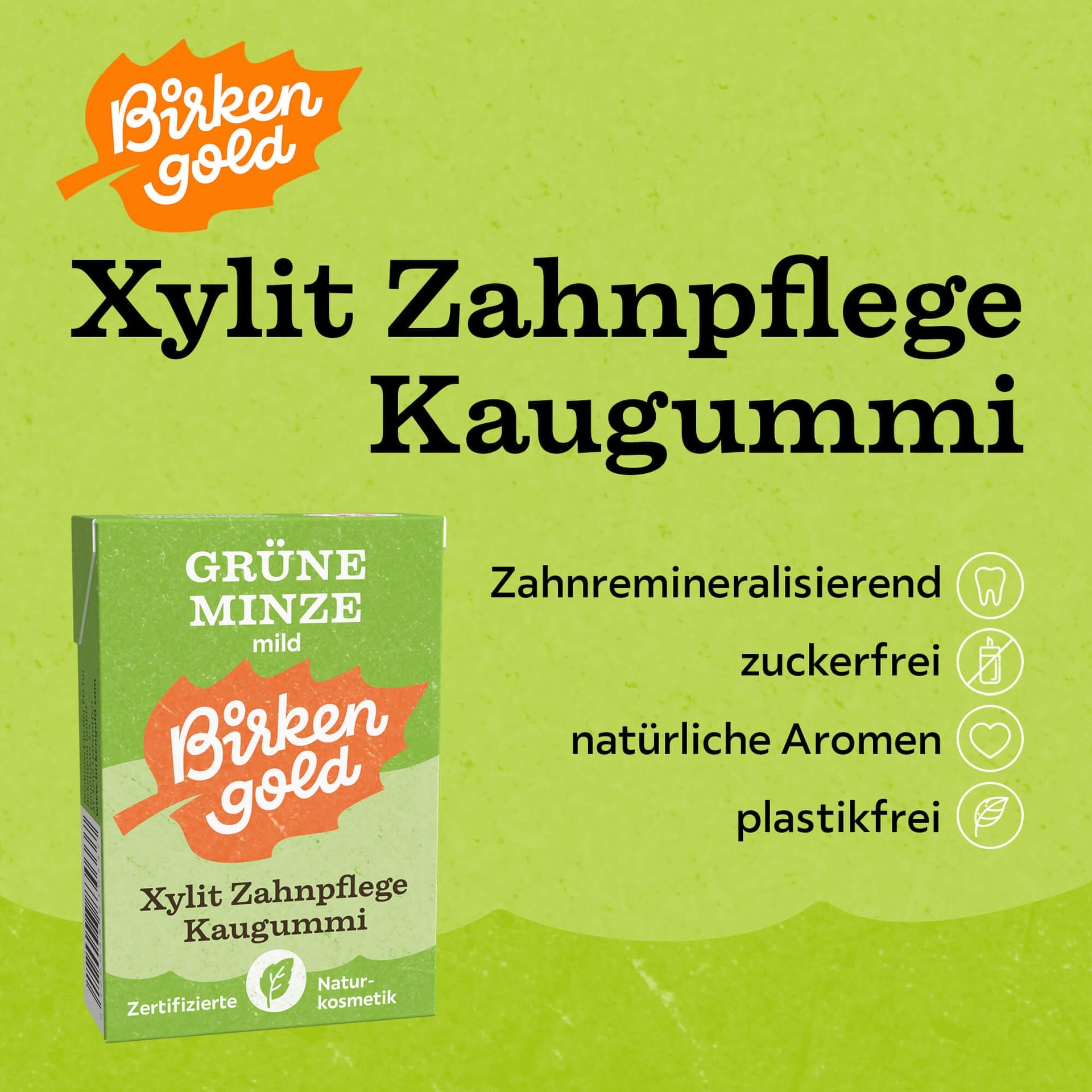 BirkenGold Xylit Zahnpflege Kaugummi: Grüne Minze, zahnfreundlich, zuckerfrei, plastikfrei, natürliche Aromen.