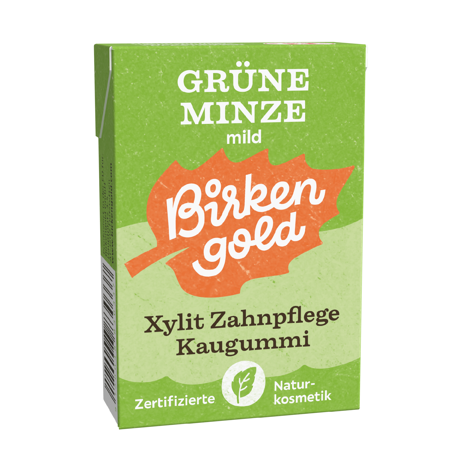 Packung Birken Gold Xylit Zahnpflege Kaugummi, grüne Minze, zertifizierte Naturkosmetik.