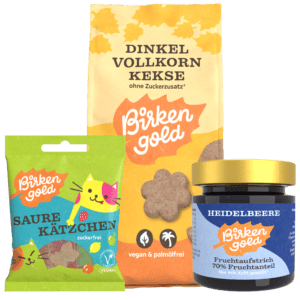 BirkenGold Produkte: Dinkel Vollkorn Kekse, Saure Kätzchen und Heidelbeere Fruchtaufstrich, zuckerfrei und vegan.