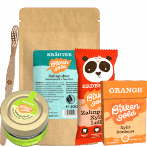 BirkenGold Zahnpflegeprodukte, darunter Zahnpulver und Xylit Bonbons, mit Zahnbürste in Naturkosmetikverpackung.